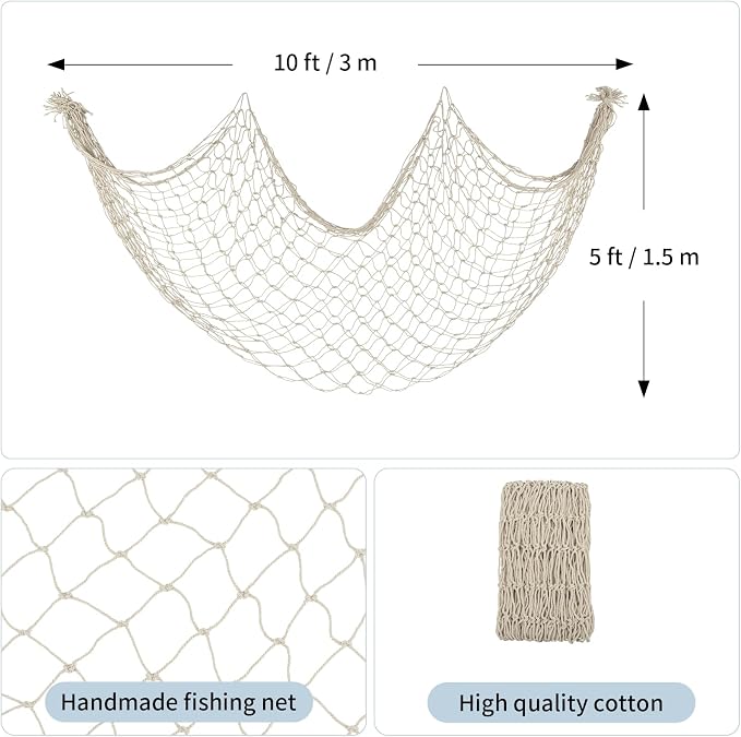 Decorative Fishing Net 2 Pack, 5x10 ft Large Beige Fish Net Decor for Wall, Photo Display, Nautical Mermaid Pirate Ocean Themed Beach Hawaii Under the Sea Party Decorations