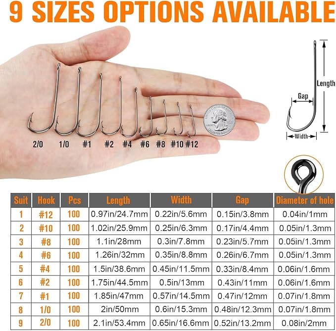 Dovesun Fishing Hooks Freshwater Aberdeen Fishing Hooks 100Pcs Long Shank High-Carbon Steel Worm Hooks Small Bass Trout Crappie 12# 10# 8# 6# 4# 2# 1# 1/0 2/0
