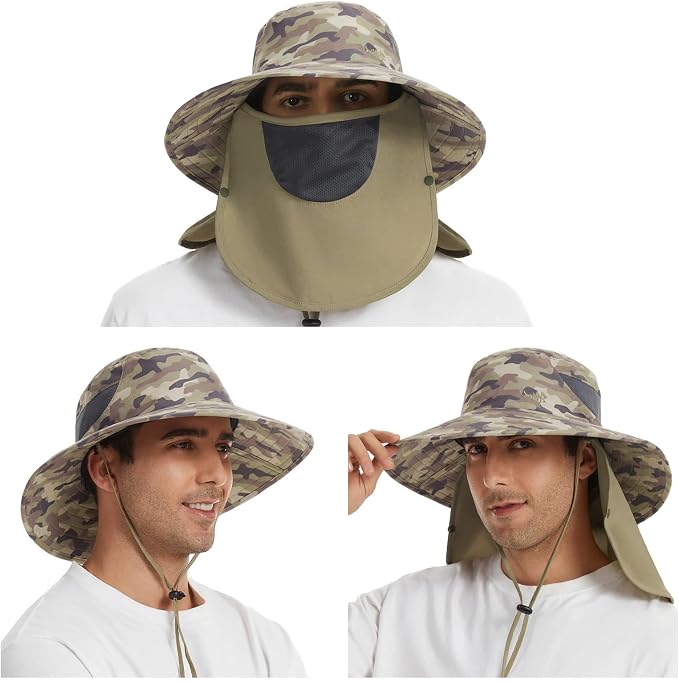BASSDASH UPF 50+ Breathable Sun Hat with Removable Face Cover and Neck Flap Wide Brim Bucket Hat for Fishing Hiking Men Women