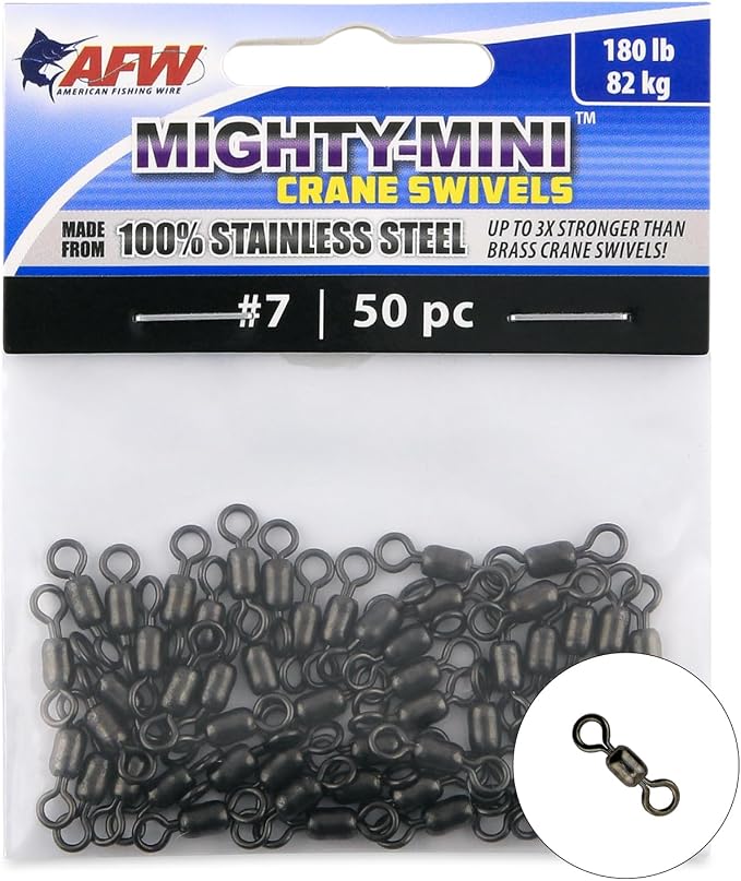 AFW American Fishing Wire Fishing Swivels - Mighty Mini 100% Stainless Steel Crane Swivels, 3X Stronger Than Brass, for Terminal Tackle Box, Up to 600lb Test - Fishing Gear for Fishing Line Leaders