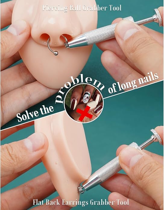 Upgraded Anti-Slip Piercing Ball Grabber Tool with Ergonomic Design for Changing Jewelry, Stainless Steel Jeweler Pick Up Tool 4 Claw Gem Piercing Changing Tool Body Piercing Kit for Ear Nose Lip