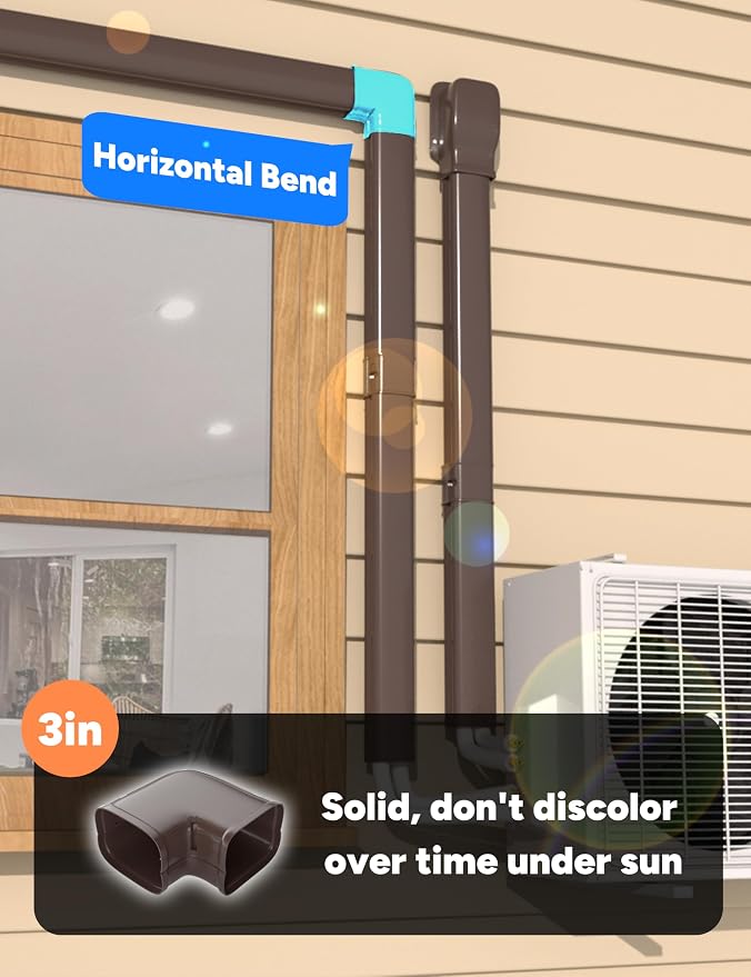 Brown Flat Elbow, Flexible Level Bend Cover Line Set Cover Kit Accessories for Ductless Air Conditioners and Heat Pumps, PVC Decorative Upgraded UV-Proof Strong& Durable (3" Fixed)