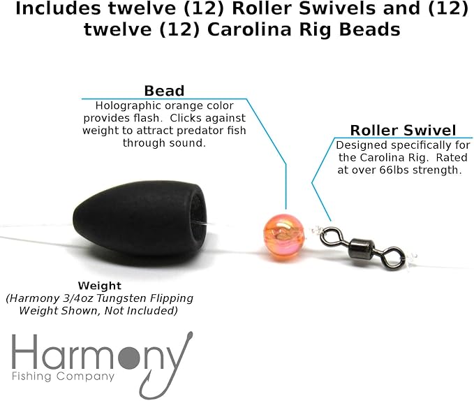 Carolina Swivel Kit (12 Pack) – 12 Roller Swivels, 12 Carolina Rig Beads for Bass Fishing