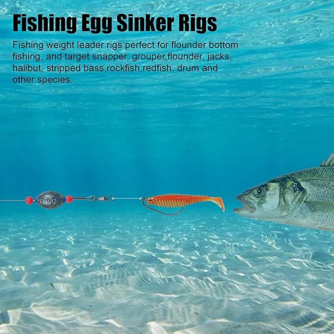 Fishing Egg Sinker with Soft Plastic Core Weight Rigs 5pcs Flounder Rig Saltwater,176.37lb Fishing Wire Leader with Egg Sinker Swivels Snap, Grouper Bottom Fishing Rigs
