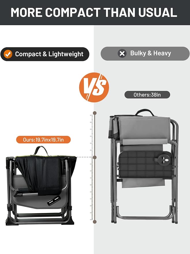 TIMBER RIDGE Heavy Duty Camping Chair with Compact Size, Portable Directors Chair with Side Table and Pocket for Camping, Lawn, Sports and Fishing, Supports Up to 400lbs, Black