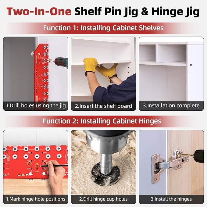 11-Hole Shelf Pin Jig and Hinge Jig 2-in-1,1/4 Inch and 5mm Shelf Pin Drilling Jig,Self-contained Clamping Function Shelf Jig and Cabinet Hardware Jig Tool Drill Guide