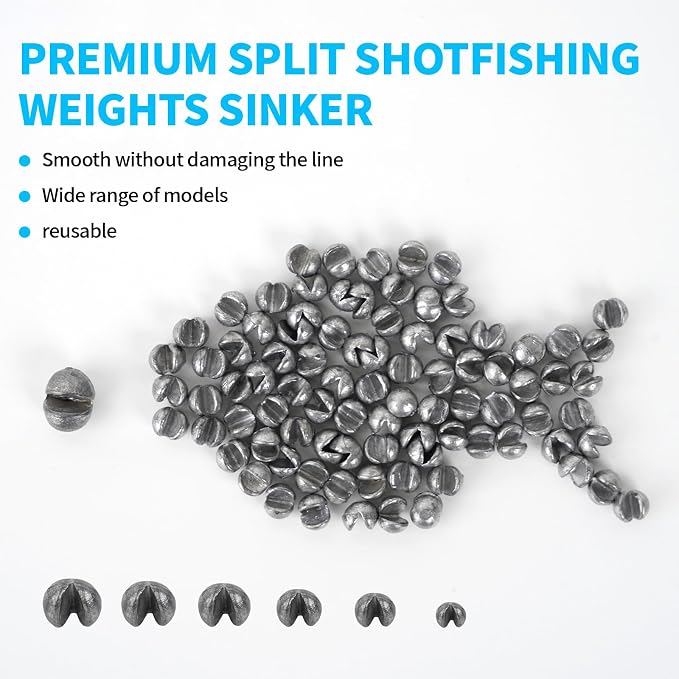 Caleb 200/320Pcs Split Shot Fishing Weights Sinkers, Removable Lead Fishing Weights, Premium Duckbill Reusable Fishing Sinkers for Freshwater Saltwater Bass Trout Fishing Accessories - 5/6 Sizes