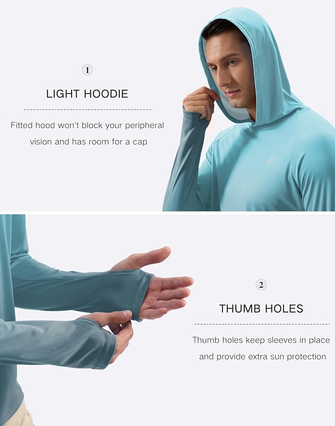 Pudolla Men's Sun Protection Hoodie Shirts UPF 50+ Rash Guard SPF Long Sleeve Fishing Shirt for Men Swim Hiking Boating