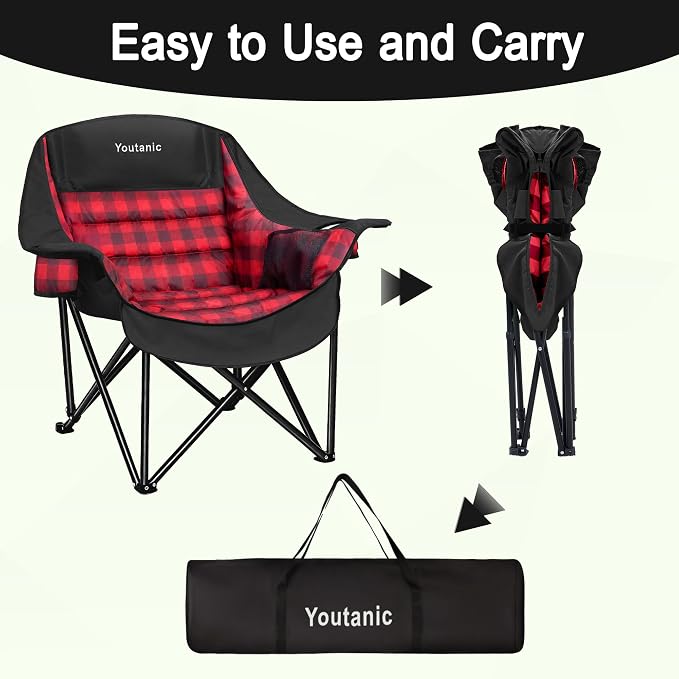 Youtanic Oversized Extra Large Padded Camping Chair, Heavy Duty 400 lbs Foldable Lawn Chair, Ergonomic Outdoor Seat with Plaid Design, Cup Holders & Storage Pockets for Fishing, Sports, Red-Black