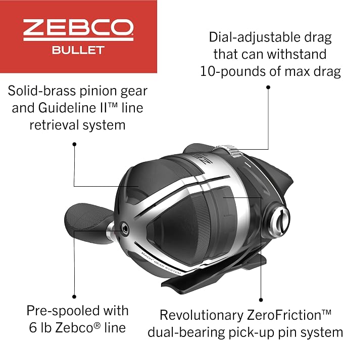 Zebco Bullet Spincast Fishing Reel, Durable All-Metal Construction, Solid-Brass Pinion Gear, Pre-Spooled with 10-Pound Zebco Fishing Line, Black