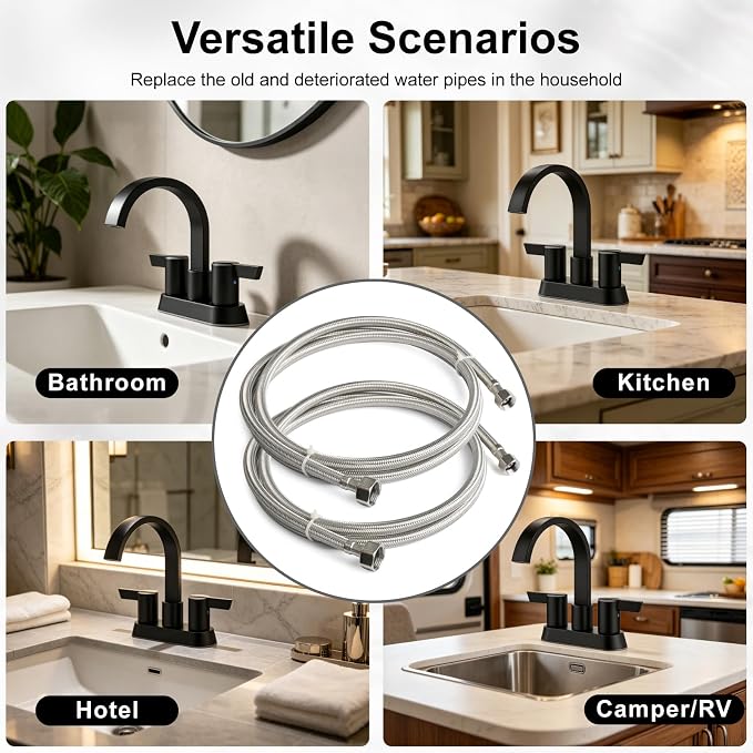 Midanya Faucet Supply Lines,72" Stainless Steel Braided Water Supply Line, 1/2" FIP x 3/8" COMP Faucet Hose, Faucet Hose Connector x 2 Pcs (1 Pair)