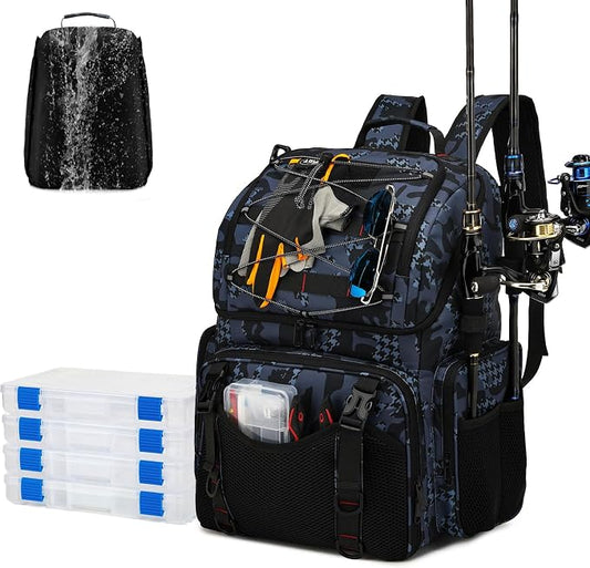 RUCYEN Fishing Backpack, 45L Large Cooler Fishing Tackle bag with Rod Holders & Rain Cover, Water-resistant Store Gear(With 4 Tackle Boxes)