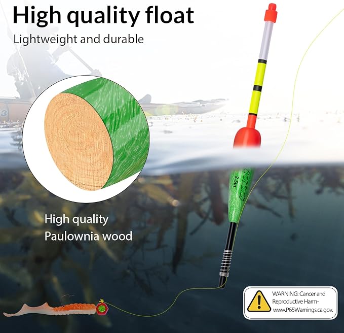 QualyQualy Lighted Fishing Slip Bobber 4-5Pcs Wood/EVA Fish Float + 8-10Pcs Glow Sticks, Night Fishing Light Up Slip Bobber for Crappie Bass Panfish Catfish Walleye