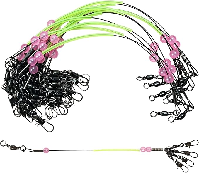 Fishing Wire Leader 15cm Stainless Steel Anti-bite Trace with 3 Pink UV Luminous Beads & Glow Tube - 20pcs Heavy Duty Steel Leaders for Pike, Mackerel, Musky, Shark - Saltwater Fishing Tackle
