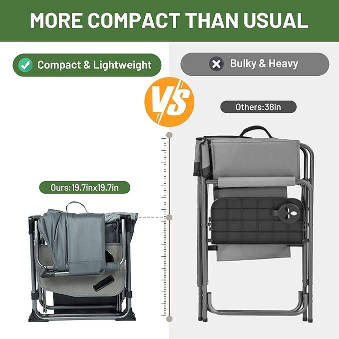 Timber Ridge Aluminum Camping Directors Chair with Side Table Pocket, Portable Folding Chair, Heavy Duty Lawn Chair for Fishing Trip Picnic Concert Outdoor 400lbs, Grey