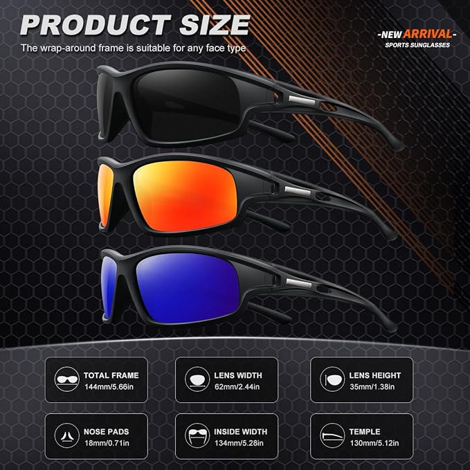 3PACK Polarized Sports Sunglasses for Men Driving Golf Fishing Running Sun Glasses UV400 Protection