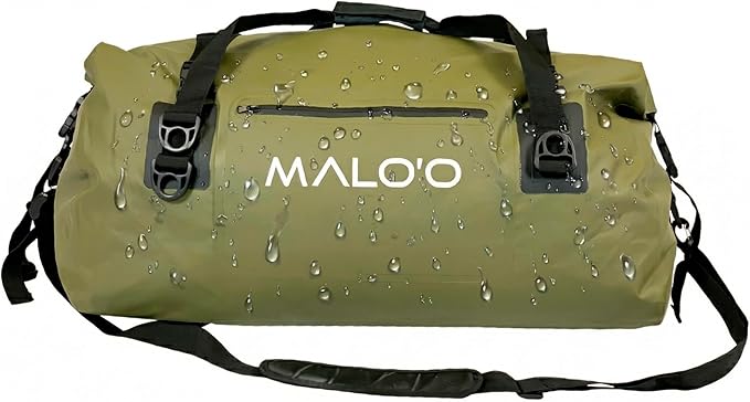 Malo’o Waterproof Dry Duffel, Heavy-Duty Roll Top Waterproof Gear Bag with Shoulder Strap & Molle Loops, Marine Duffel for Kayaking, Boating, Camping, Beach & Travel, Dark Green, 60L