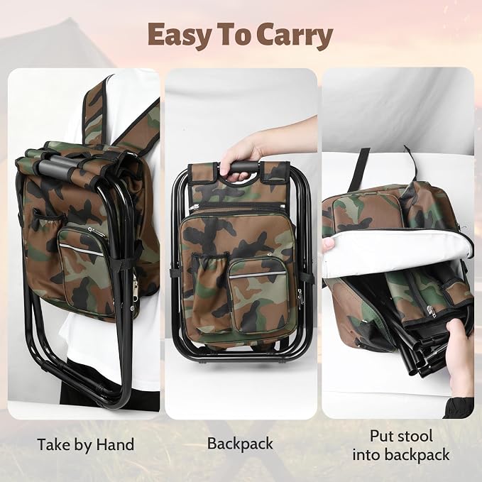 Folding Camping Chair Stool Backpack with Cooler Insulated Picnic Bag, Portable Hunting Fishing Multifunction Chair for Outdoors Hiking Hunting Travel (Camouflage)