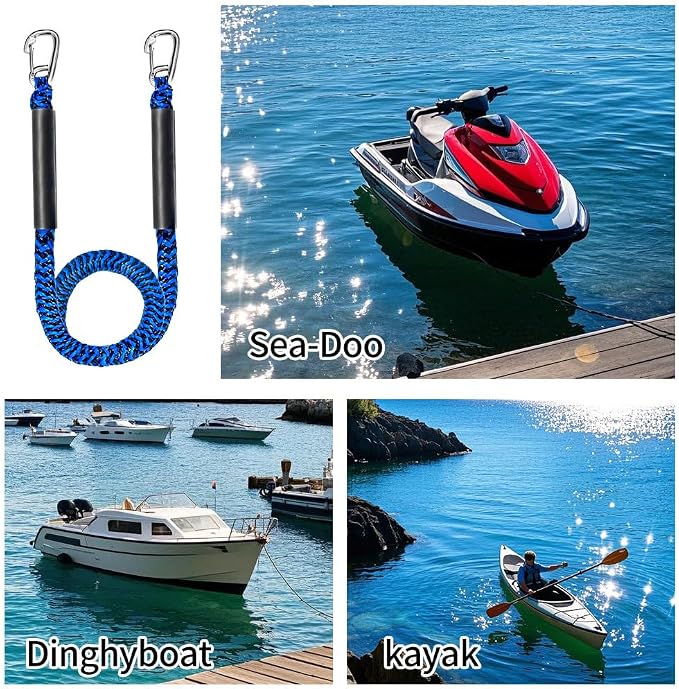 Bungee Boat Dock Line, Boat Rope with Double 316 Stainless Steel Clips Accessories for Bass Boat, Kayak, Pontoon, Watercraft, Waverunner, SeaDoo, Canoe,2Packs,4-6FT,Blue&Black