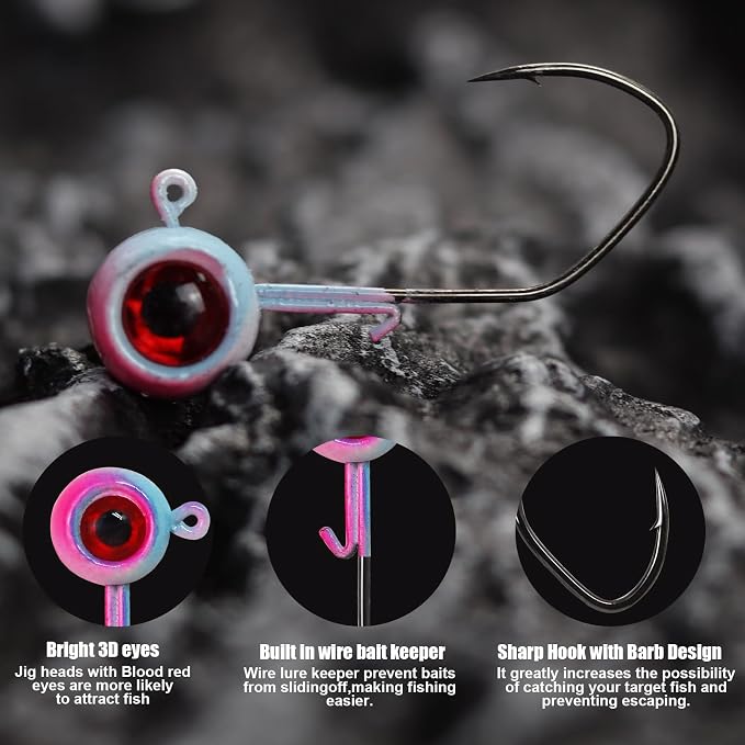 Painted Crappie Jig Heads 3D Eyes Fishing Hooks with Wire Keeper Lures for Crappie Panfish Bass Fishing Jig Hooks Assortment 1/16 oz 1/8 oz 3/16oz 3/8 oz 1/4 oz
