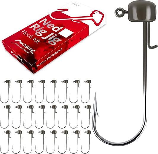 MadBite by KastKing Ned Rig Jig Heads for Soft Fishing Lures, 24-Pack Finesse Standard Mushroom Stand-up Ned Heads Kit, Needle Point Saltwater & Freshwater Versatility Ned Rig Hooks 1/8, 1/16, 3/16 oz