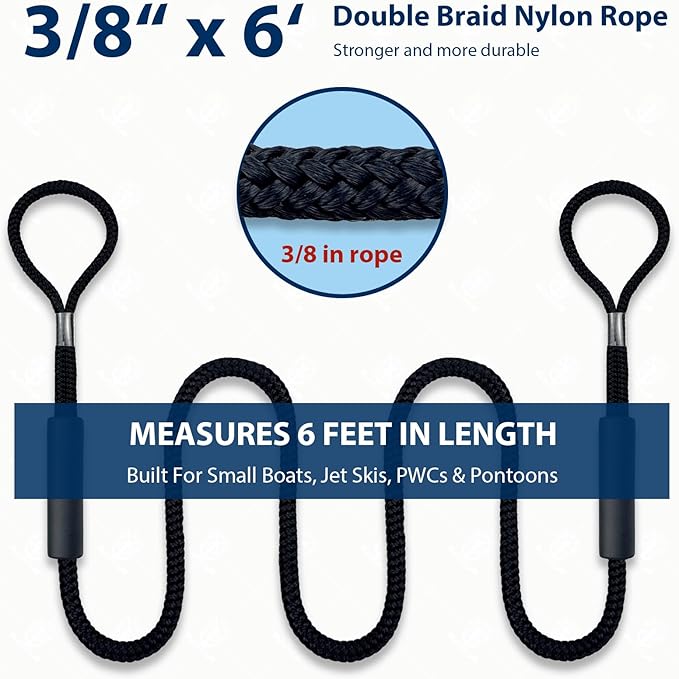 2 Pack Boat Dock Lines 3/8 Inch x 6 ft Double Braided Nylon Docking Line with Loop Boat Accessories Marine Grade Boats Mooring Rope with Foam Floats for Yacht, Pontoon, Waverunner, Seadoo(Black)