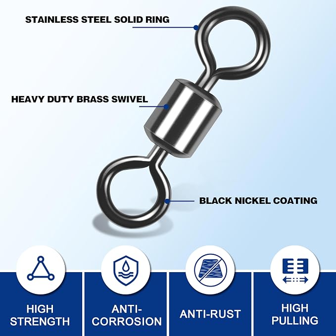 Barrel Swivels Fishing Tackle, 20/80pcs Heavy Duty Fishing Swivel Connector Stainless Steel Black Nickel Rolling Swivels Saltwater Freshwater 30-1322lb