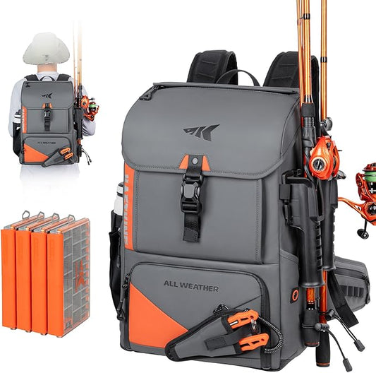 KastKing All Weather Fishing Tackle Backpack with 4 Waterproof Tackle Boxes & Removable Rod Holders,Waterproof ArmorShield Fabric Fishing Bag Storage Fishing Gear