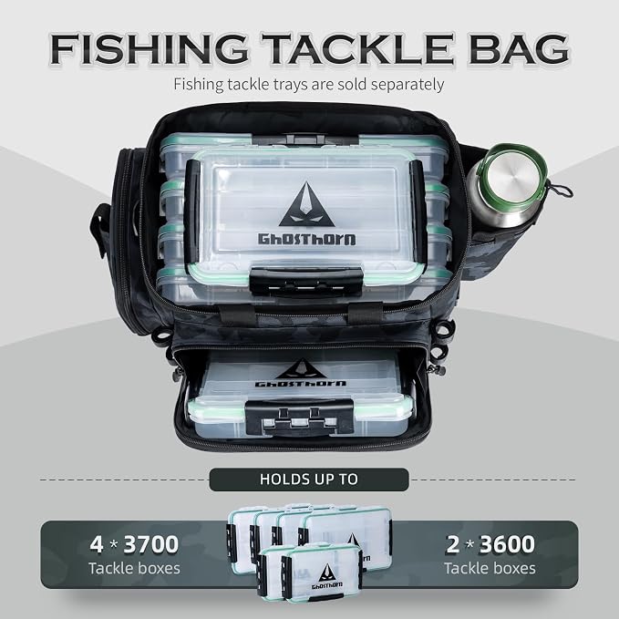 Ghosthorn Fishing Tackle Bag with Rod Holder Saltwater & Freshwater Resistant Large Tackle Box Bag - Waterproof Base, Adjustable Padded Shoulder Strap (Black Camouflage)