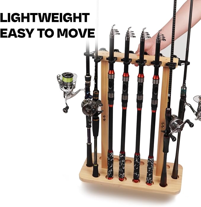 VEYWANE Fishing Rod Storage Racks, 100% Wood Floor Stand Fishing Pole Holders for Garage of 14 Rods or Combos