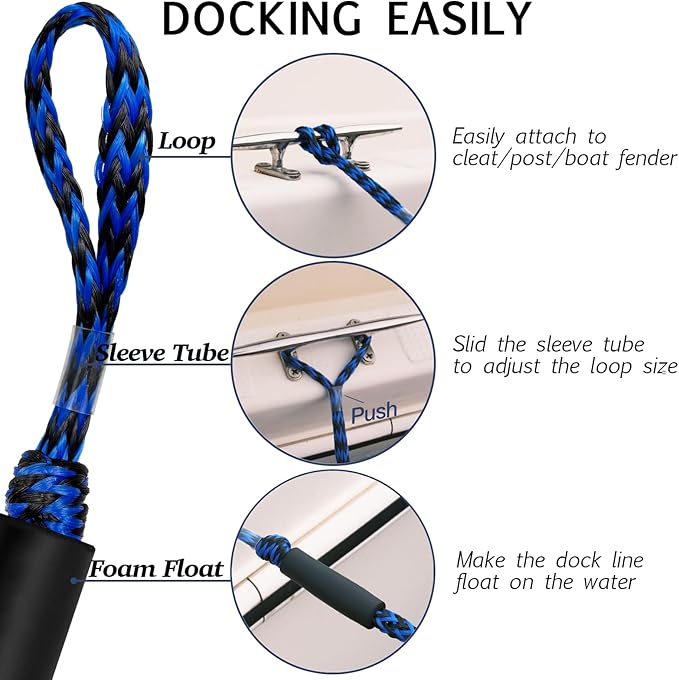 2FT Bungee Dock Line Boat Accessories 2pcs Fender Lines with 316 Stainless Clip for Boat Bumper/Boat Fender for Mooring for Jet Ski, Seadoo, Yamaha (Blue&Black, 2Feet)