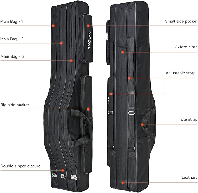 3 Layers Fishing Pole Bag,Portable 3 Layers Oxford Folding Rod Carry Case,Fishing Reel Tackle Storage Bag Case