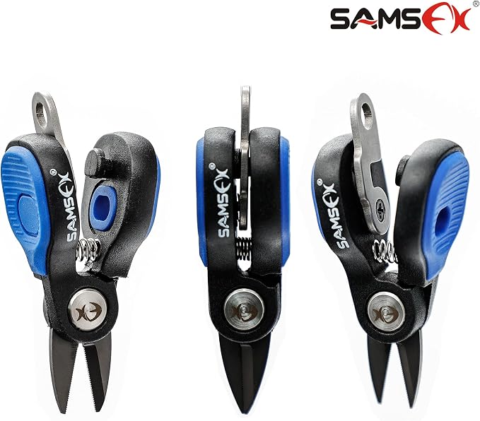 SAMSFX Fishing Nipper with Retractable Tether, Stainless Steel Blades that Cut Braid, Mono and Fluoro Lines, SNIP, Fishing Line Cutters (Blue)