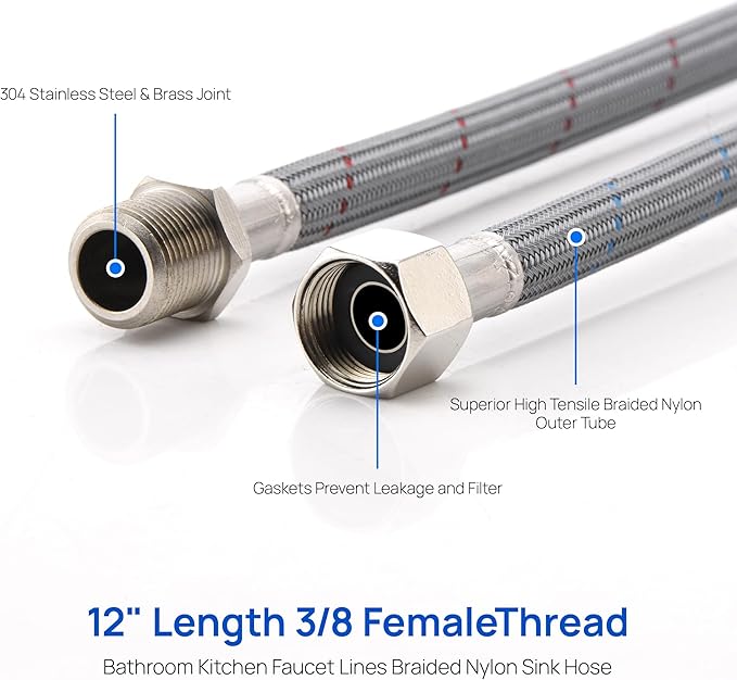 J-HVA Faucet Supply Lines Length 12" x G 3/8 Female Thread Connector Braided Nylon Extension Hoses for Bathroom Kitchen Sink Faucet Hose Filter, Stainless Steel Nut (1 Pair)