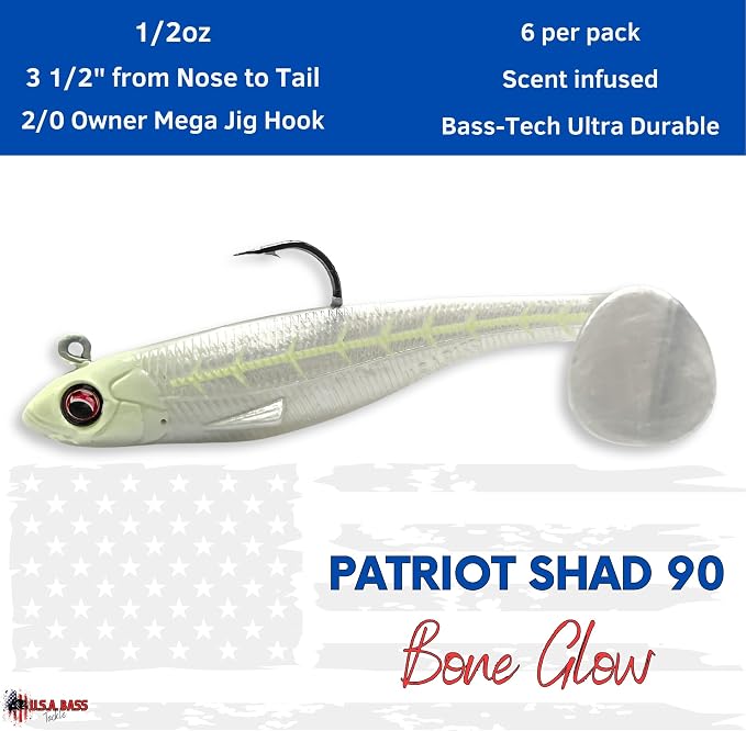 USA Bass Tackle Patriot Shad - Scent Infused Paddle Tail Swimbaits Pre Rigged Fishing Lures Premium Bait Strong Owner Hook, Fishing Gear for Bass Freshwater Predator Fish