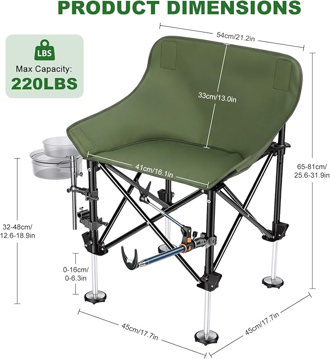 Folding Fishing Chair with Complete Accessories, Portable Camping Chair for Outdoor Fishing, 220LBS Load-Bearing, Non-Slip All-Terrain Design with Storage Bags, Carbon Steel Fishing Chair