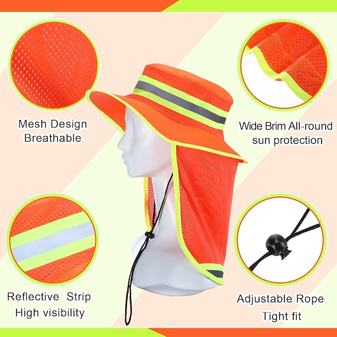 6 Pcs Reflective Safety Hat High Visibility Neck Flap Boonie Hat Wide Brim Work Hats Breathable Bucket Cap for Worker
