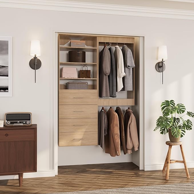 ROOMTEC Modular Closet System, 64" Wall-Mounted Closet Organizer with Drawers and Hanging Rods, Wooden Tower for Walk-In Closets, Wardrobe Storage Kit, Wood