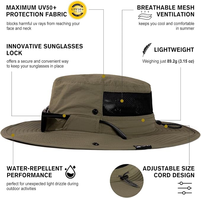 TOP-EX Men's Wide Brim Sun Hat UPF 50+ Waterproof, Packable Breathable Mesh Boonie Bucket Cap for Hiking Fishing Safari