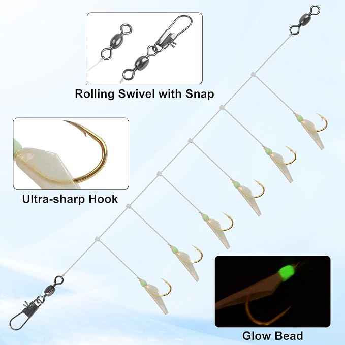 OROOTL Fishing Bait Rigs Saltwater, 6 Packs Surf Fishing Rigs with Sharp Hooks Fish Skin Feather Swivel Snap Glow Saltwater Lures Sea Bass Cod Herring Hook Rig Size 4 6 8