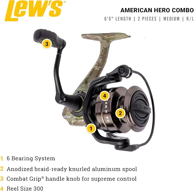 Lew’s American Hero Camo Spinning Reel and Fishing Rod Combo, IM7 Graphite Rod, Interchangeable Retrieve, Camo/Black