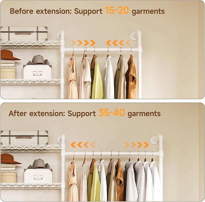 H5 Wall Mounted Closet System, Industrial Pipe Clothes Racks Clothing Rack with 4 Telescopic Rods & 3 Fixing Rods & 9 Shelves, Heavy Duty Closet Organizers and Storage in Wardrobe Closet (White)