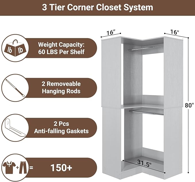 Armocity Corner Closet System, 32 Inches Wide Wood Corner Unit with 2 Hanging Rods and All Hardware Kits, 3-Tier 80'' Height Corner Wood Closet Tower, Grey