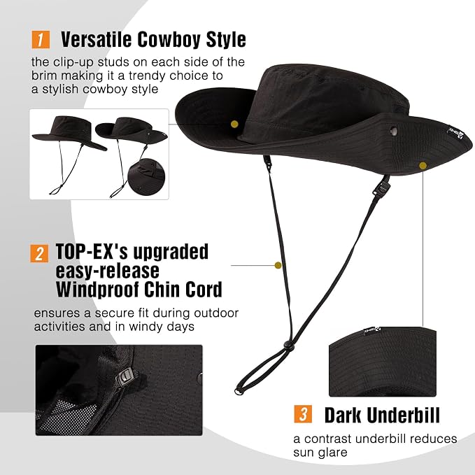 TOP-EX Men's Wide Brim Sun Hat UPF 50+ Waterproof, Packable Breathable Mesh Boonie Bucket Cap for Hiking Fishing Safari
