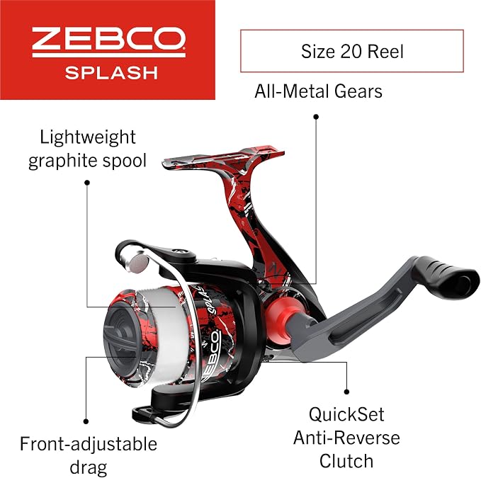 Zebco Splash Spinning Reel and Fishing Rod Combo, Fiberglass Rod, 2-Bearings, All Metal Gears, 5.2:1 Gear Ratio