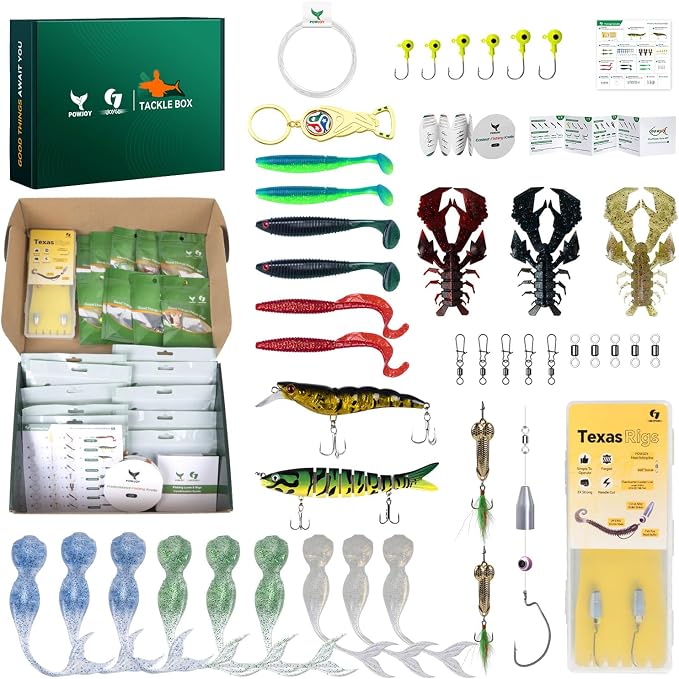 Bass Fishing Lures Kit, Freshwater Fishing Tackle Box with Soft Plastic Baits, Crawfish Lures, Swimbaits, VIB Lure, Jig Heads & Texas Rig Accessories