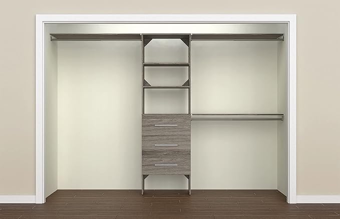 ClosetMaid SuiteSymphony Wood Closet Organizer Kit with Tower, 3 Hang Rods, Top Shelves, 3 Drawers, Modern, Fits Spaces 6 - 10 ft. Wide, Graphite Grey