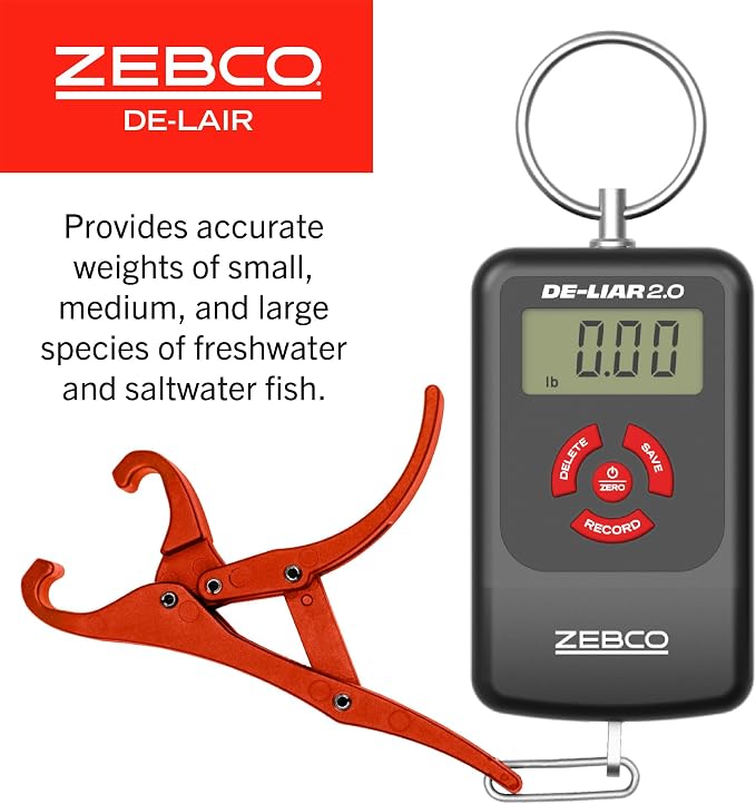 Zebco De-Liar 2.0 Digital Fish Scale, 50-Pounds/23-Kilograms Capacity, Compact Design, Durable Construction, Non-Puncturing Clamp-Style Lip Grip, Black/Red