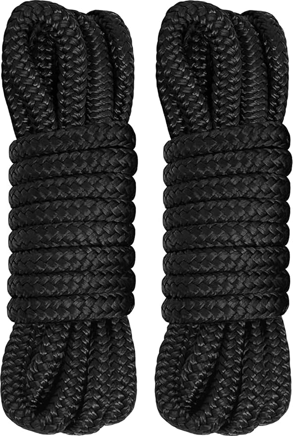 2 Pack 1/2" x 15' Dock Lines - Marine Grade Nylon Boat Rope with 12" Loop for Docking and Mooring - Double Braided Boat Lines, High Strength, Easy Handling, Fray Resistant - Black