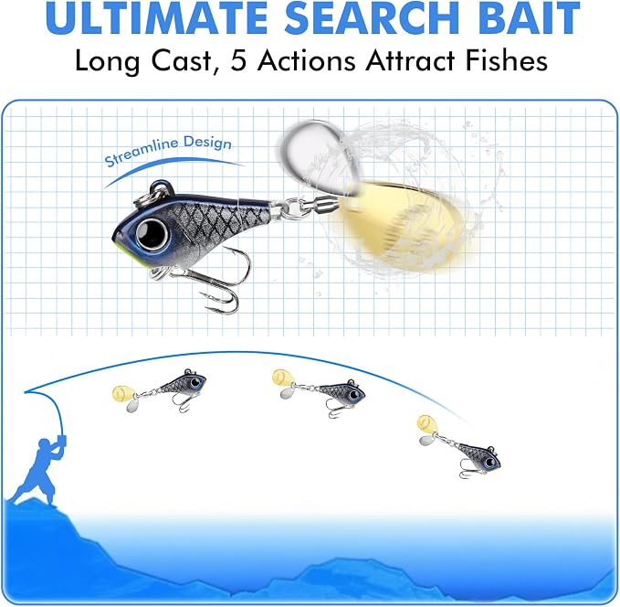 TRUSCEND Vibespinner Easy Catch Fishing Lures with BKK Hooks, Tail Spinner Baits with 4 Actions, Vibrating Swimming Flashing & Jigging for More Bites, Spoon Lures for Bass Trout Crappie Walleye Pike